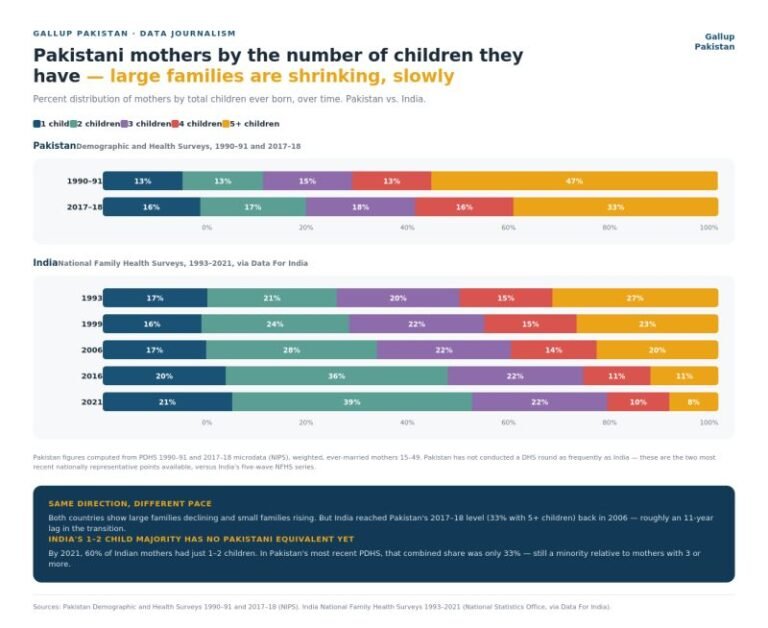 Pakistani mothers by number of children: large families are shrinking, but slowly. Pakistan is now where India was in 2006 (so two decades behind)